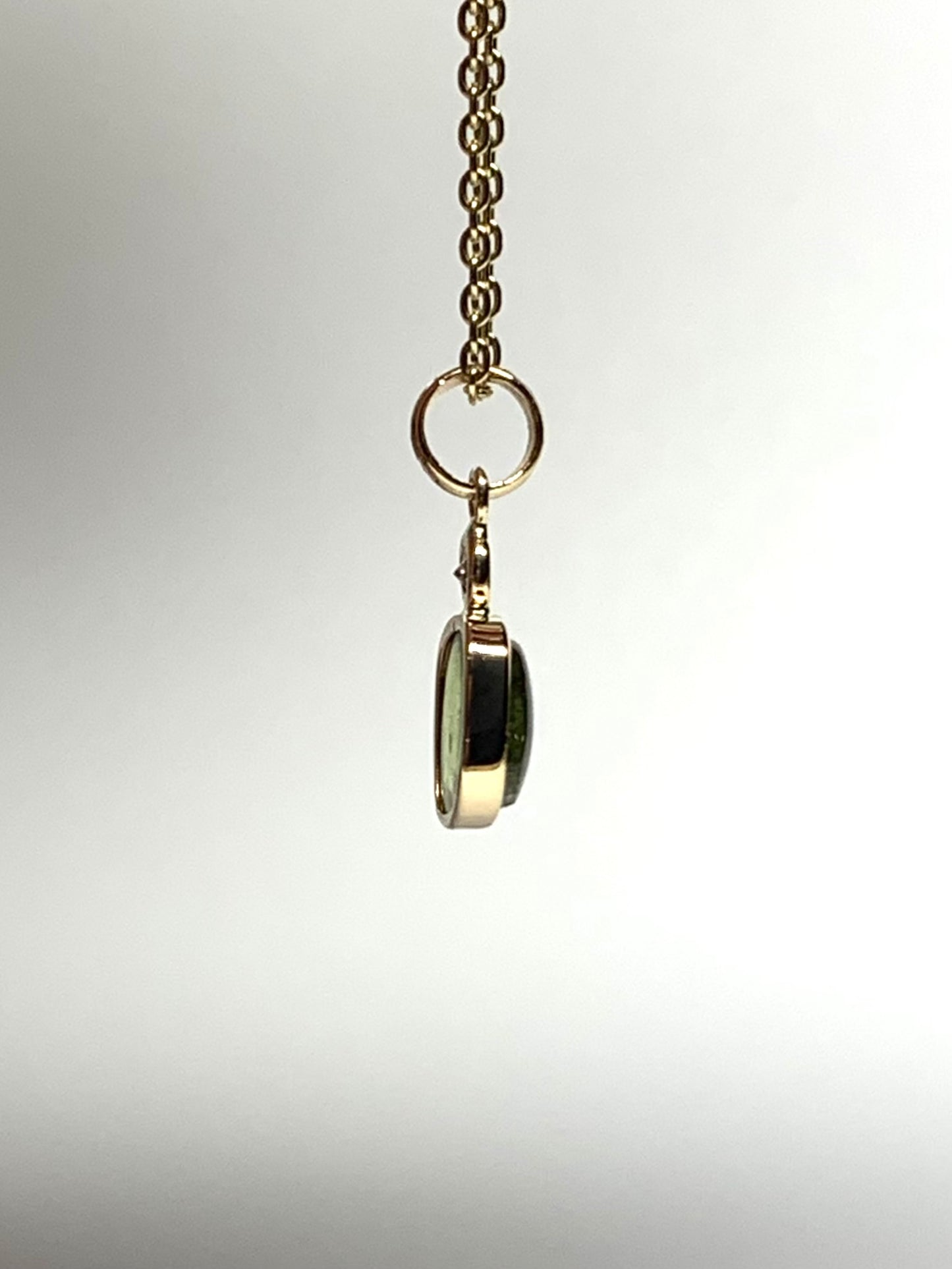 14k Solid Yellow Gold, Natural White Diamond, Natural Dark Green Tourmaline Tiny Pendant