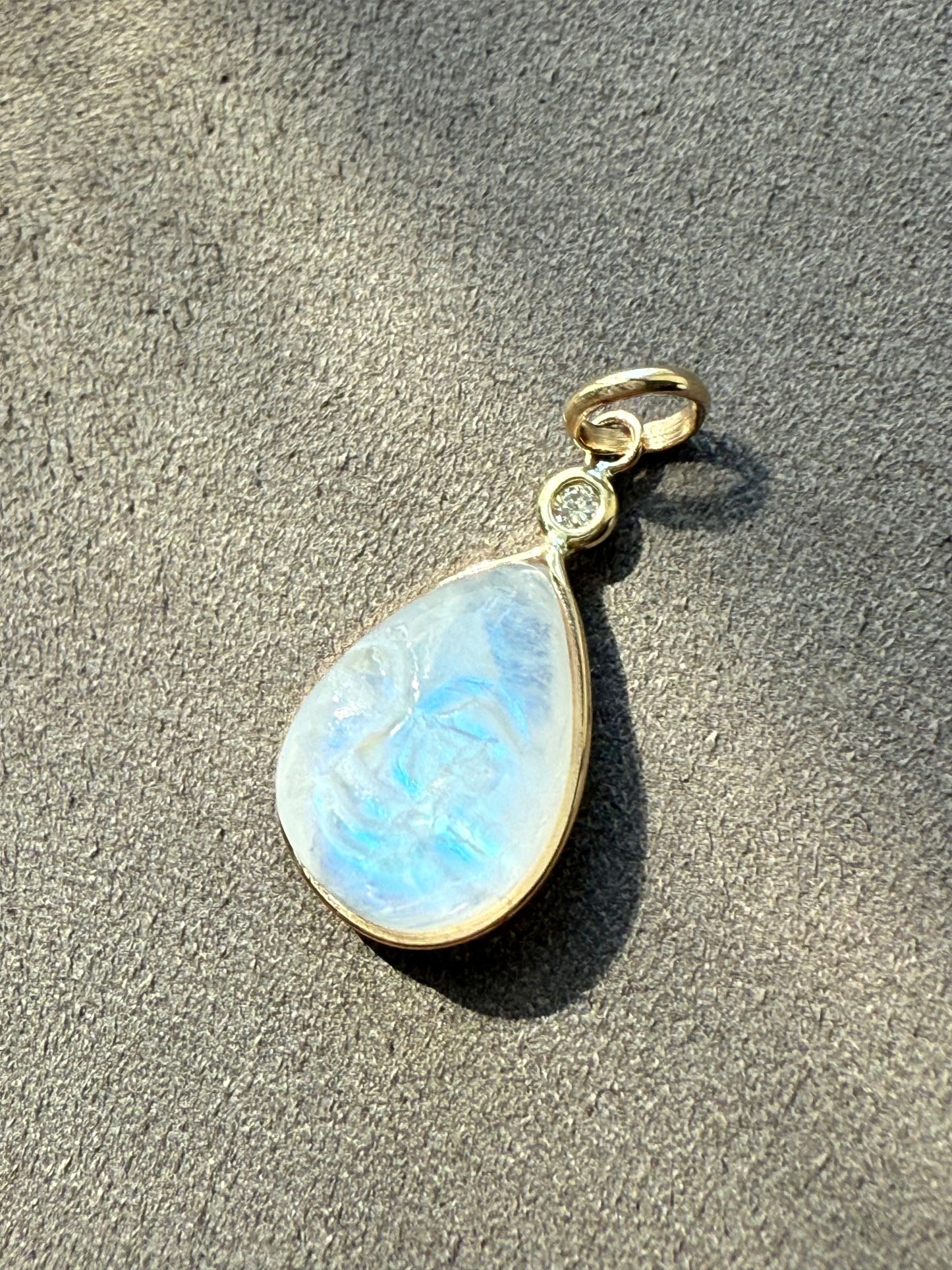 14k Solid Yellow Gold, White Diamond, Rainbow Moonstone “Rainbow Moon” Pendant, Mini Size