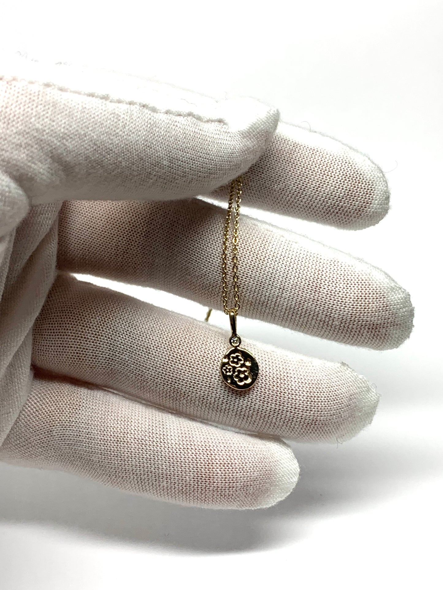 14K Solid Yellow Gold Nugget “Flowers” Mini Pendant, White Diamond, Tiny Charm