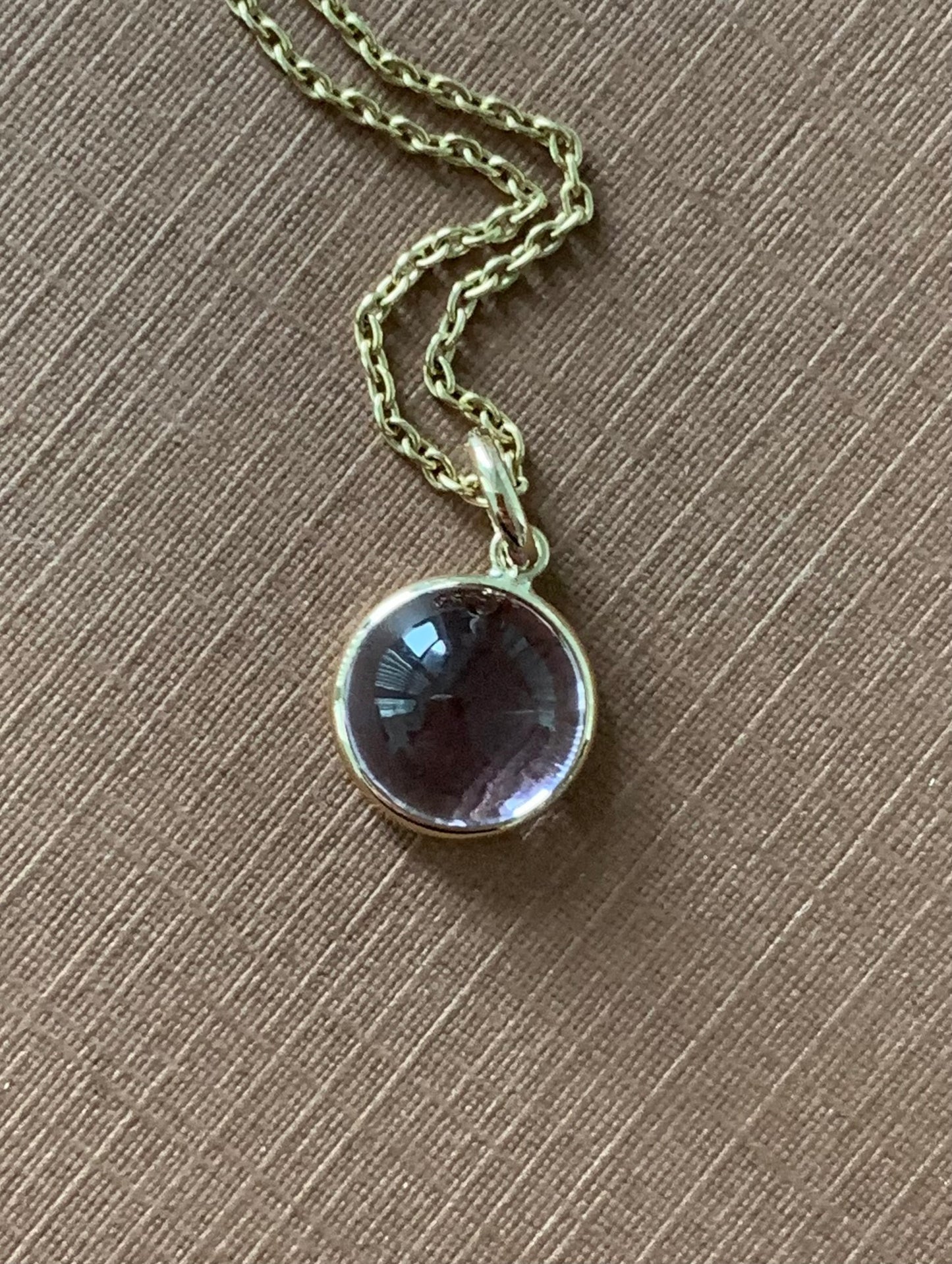 14k Solid Yellow Gold, Pink Amethyst Round Cabochon Mini Pendant