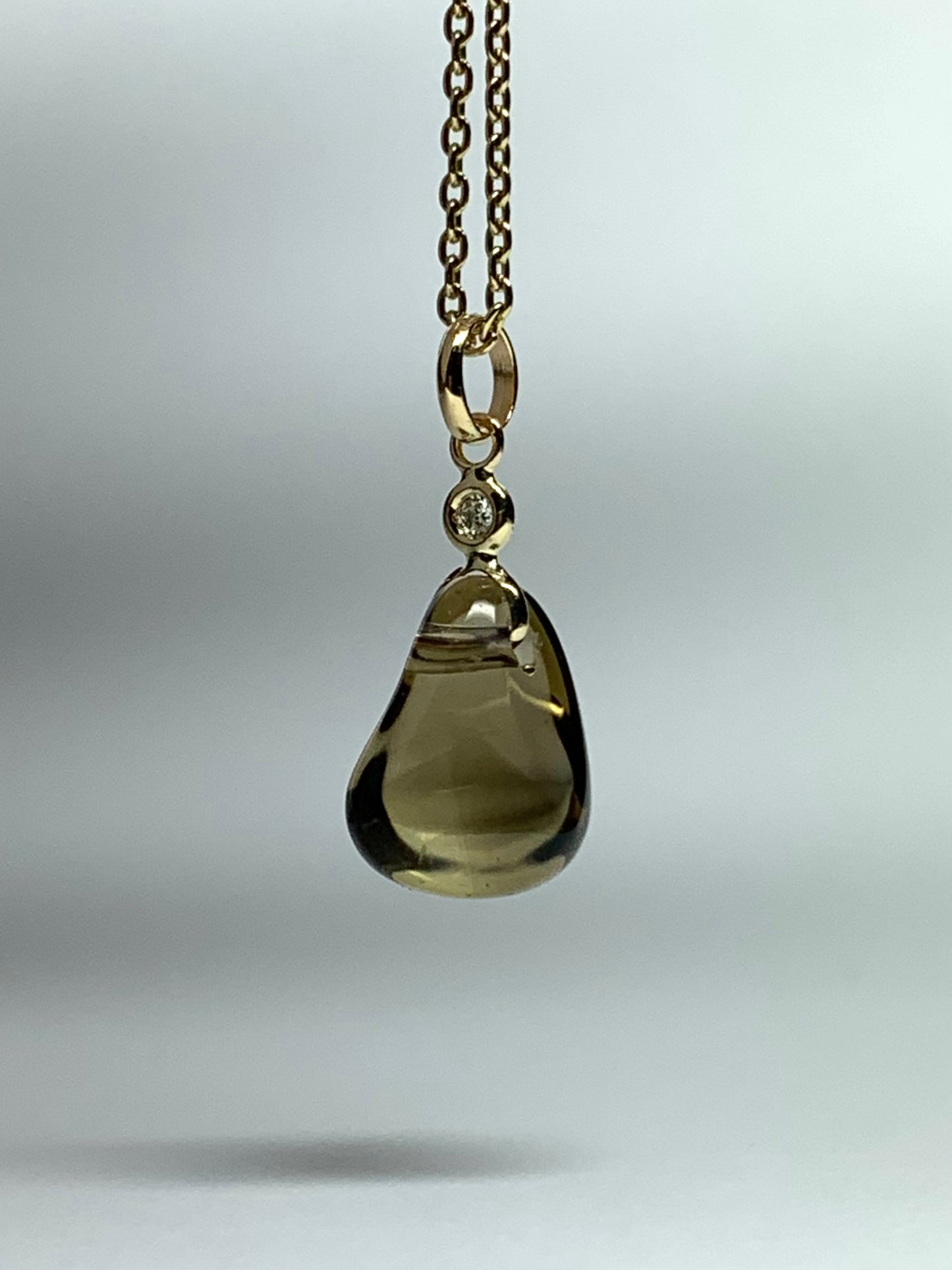 14k Solid Yellow Gold, Diamond, Dark Lemon Quartz Tumbled Nugget Bead Pendant, Mini Size