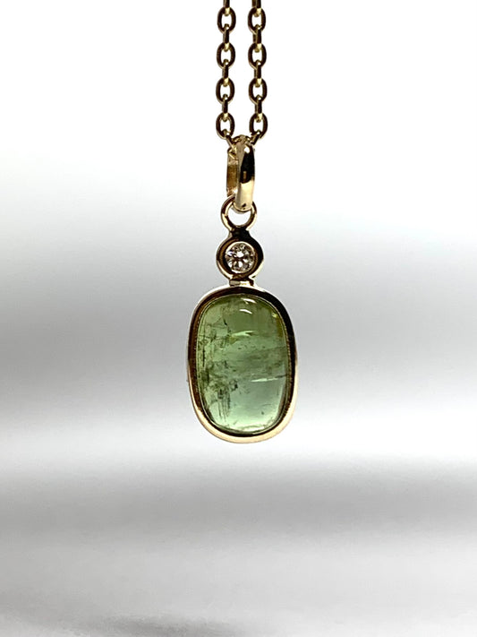 14k Solid Yellow Gold, Natural White Diamond, Natural Dark Green Tourmaline Tiny Pendant