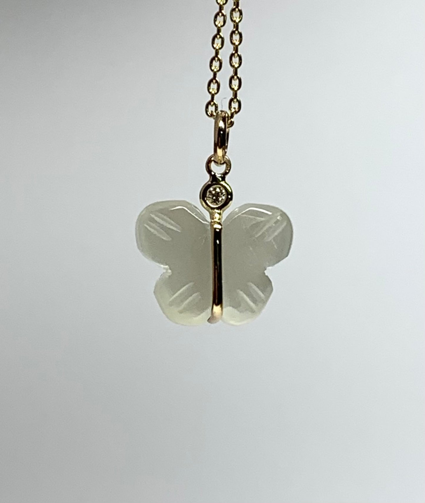 14k Solid Yellow Gold, Diamond, White Moonstone “Butterfly” Mini Pendant, Hand Carved