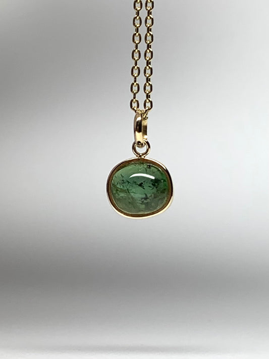 14k Solid Yellow Gold, Natural Green Tourmaline Cabochon Tiny Pendant
