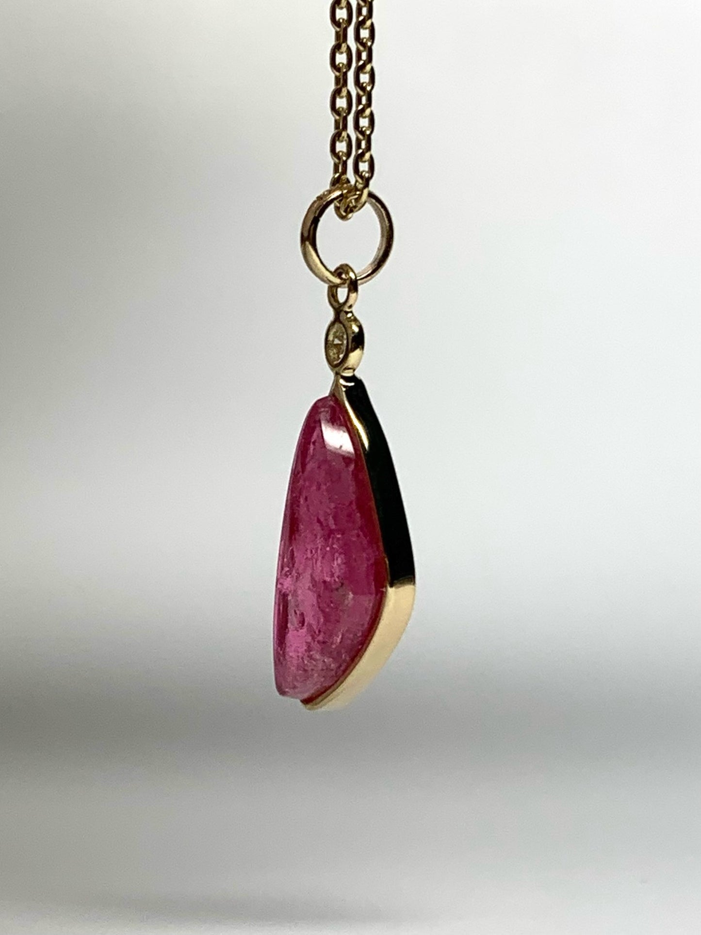 14k Solid Yellow Gold, Natural White Diamond, Natural Pink Tourmaline Mini Pendant