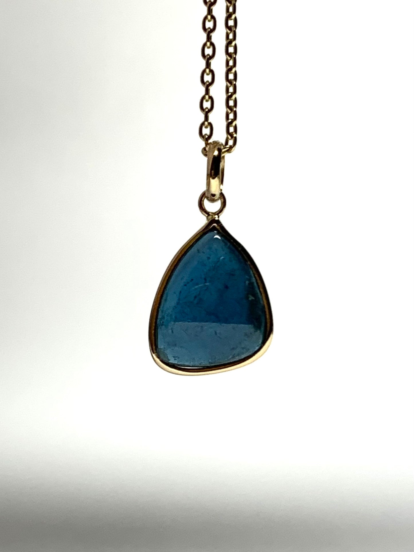 14k Solid Yellow Gold, Natural Blue Tourmaline Cabochon Pendant