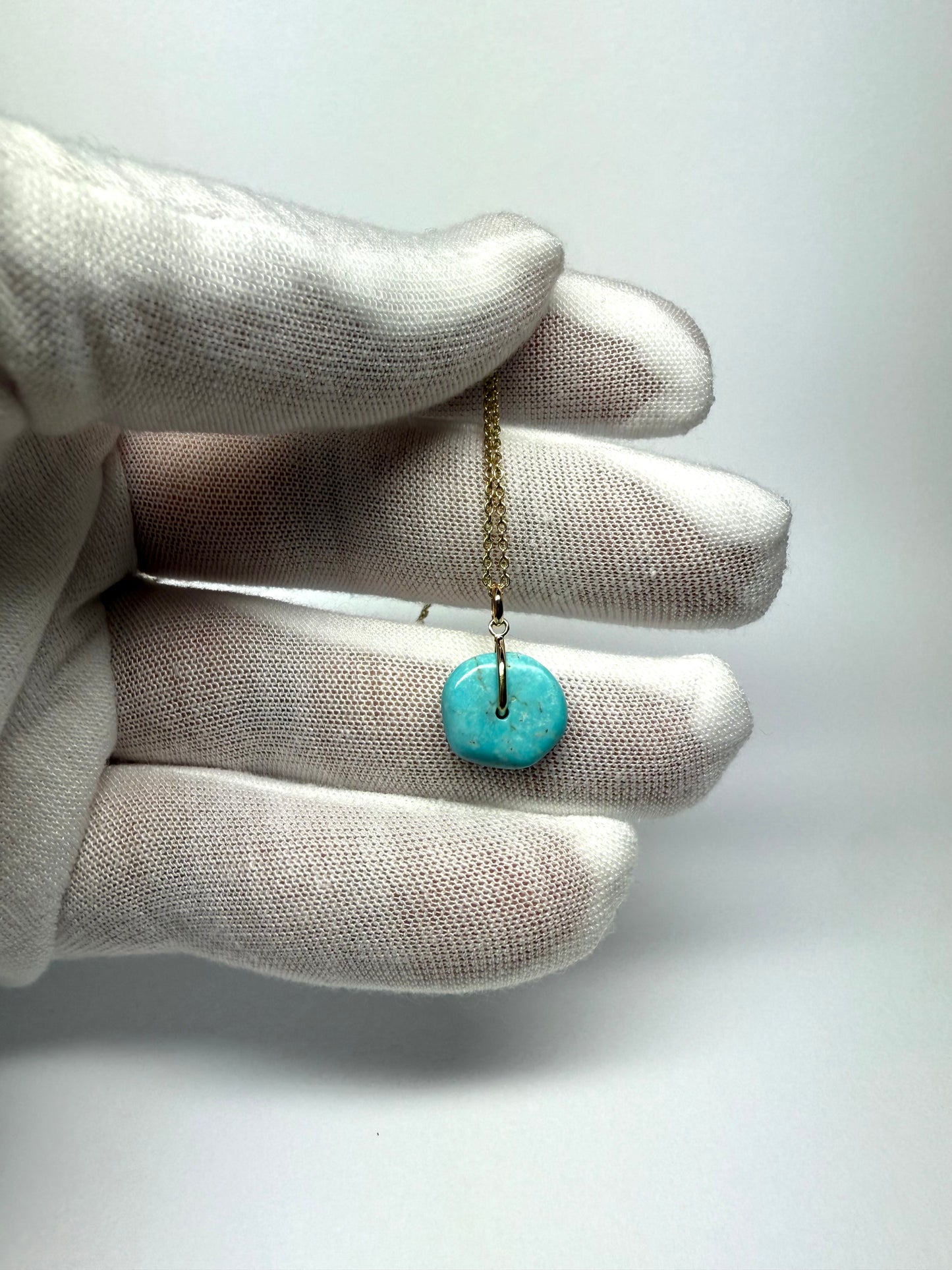 14K Solid Yellow Gold, Blue Turquoise “Donut” Mini Pendant