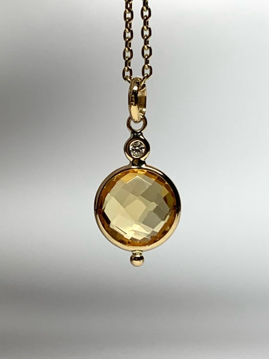 14K Solid Yellow Gold, Diamond, Citrine Mini Pendant