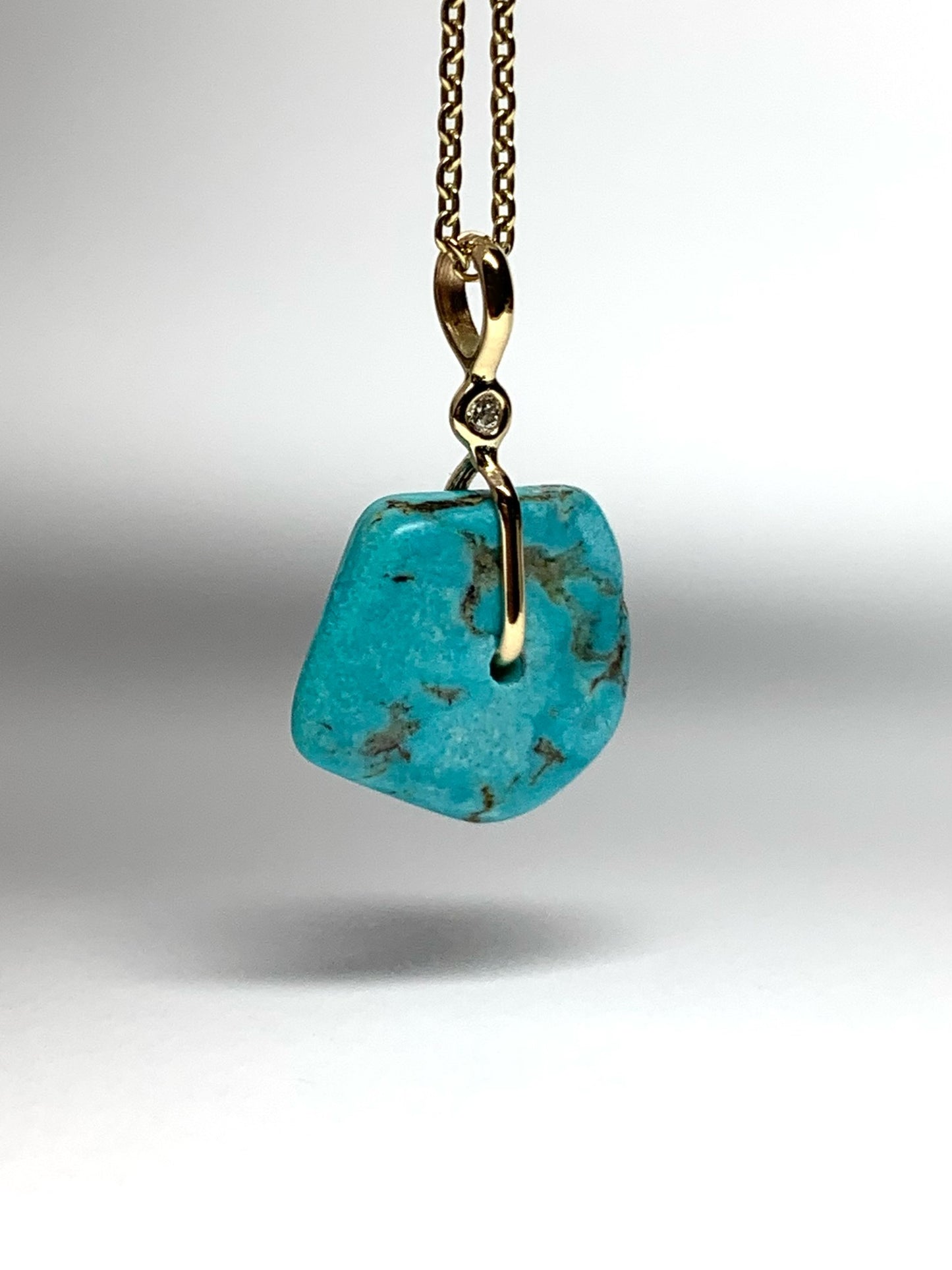 14K Solid Yellow Gold, White Diamond, Blue Turquoise “Donut” Mini Pendant