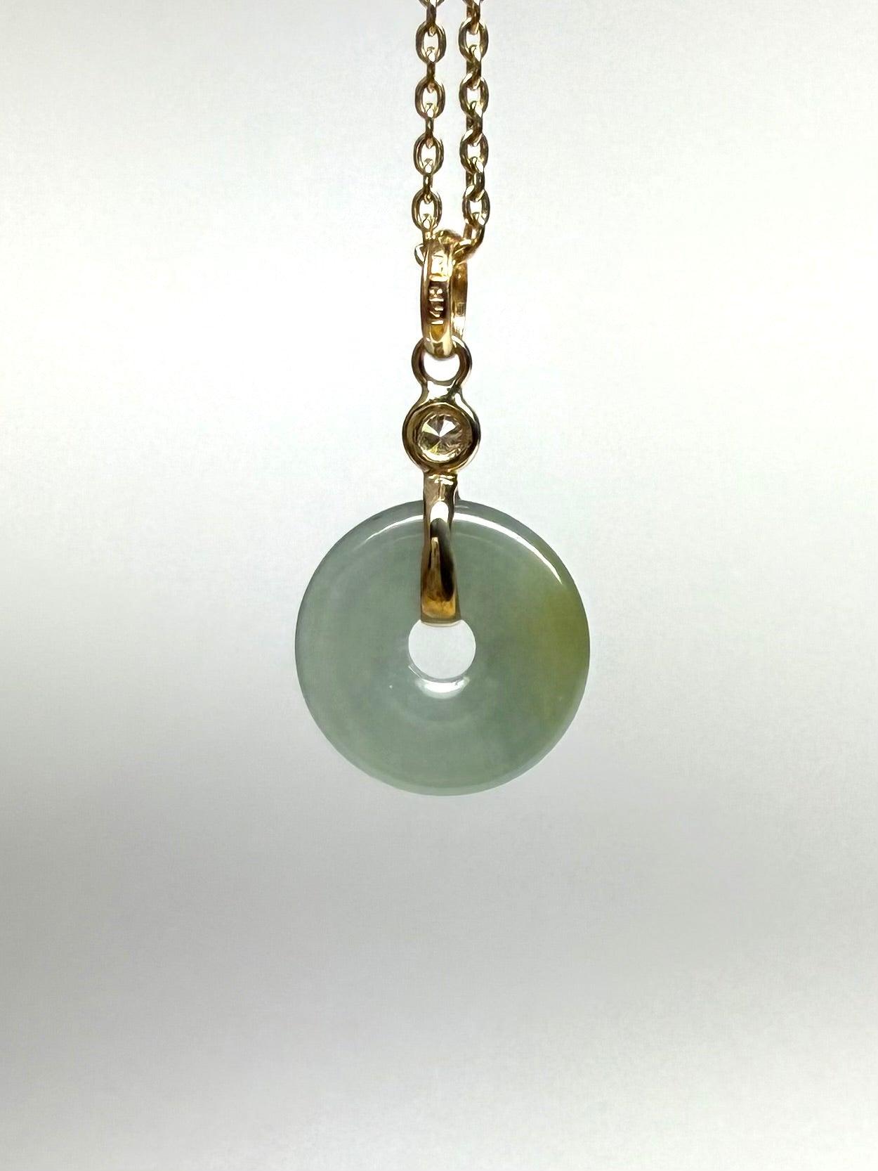 14k Solid Yellow Gold, White Diamond, Pale Green Jade “Donut” Pendant, Tiny Size