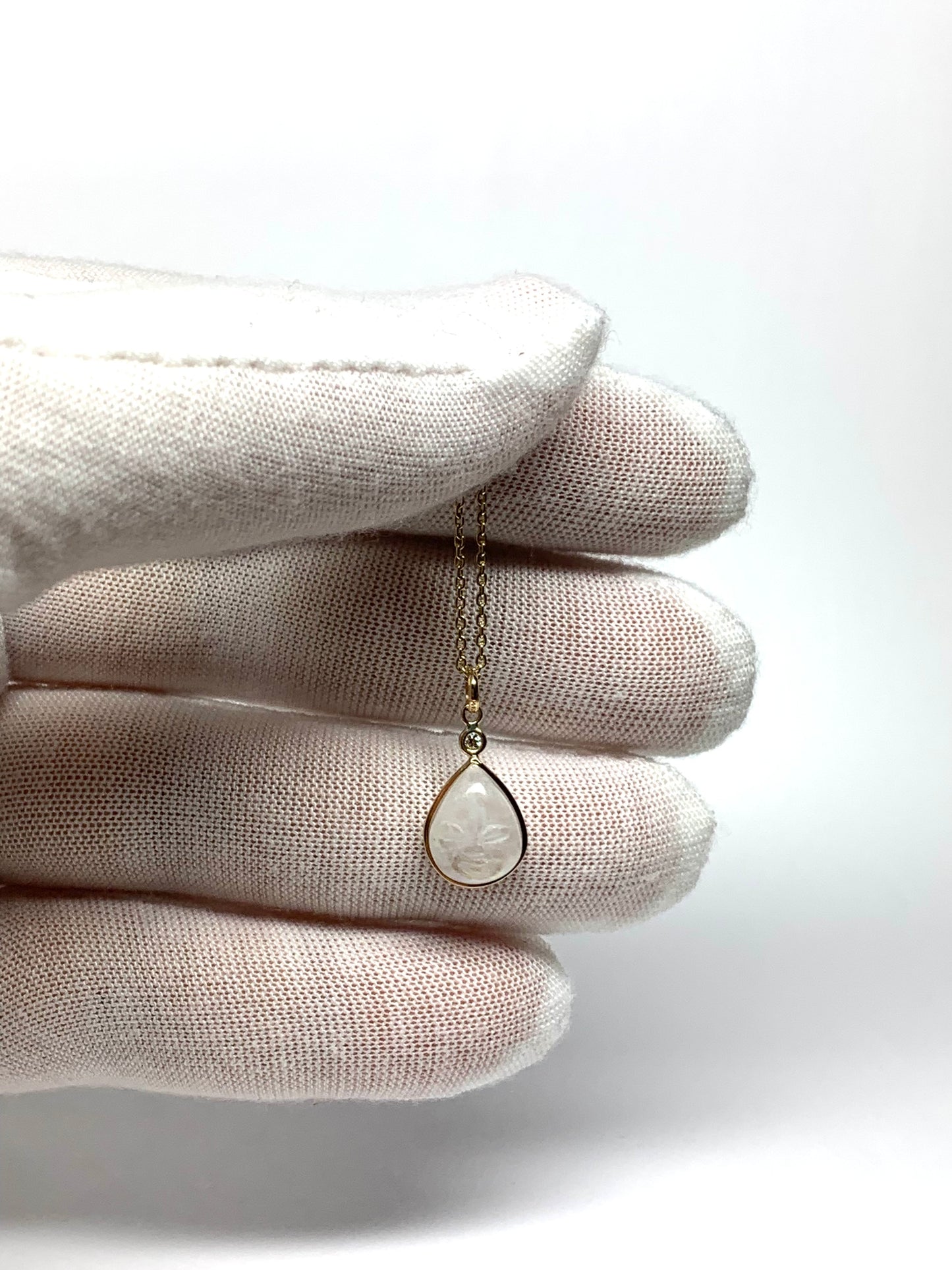 14k Solid Yellow Gold, White Diamond, Rainbow Moonstone “Rainbow Moon” Pendant, Mini Size