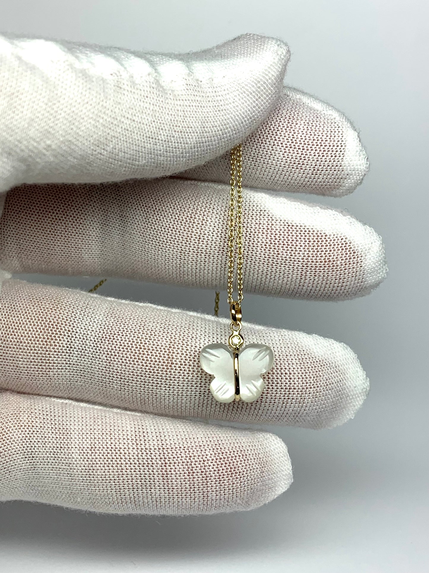 14k Solid Yellow Gold, Diamond, White Moonstone “Butterfly” Mini Pendant, Hand Carved