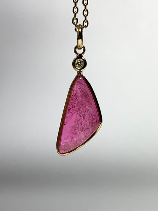 14k Solid Yellow Gold, Natural White Diamond, Natural Pink Tourmaline Mini Pendant