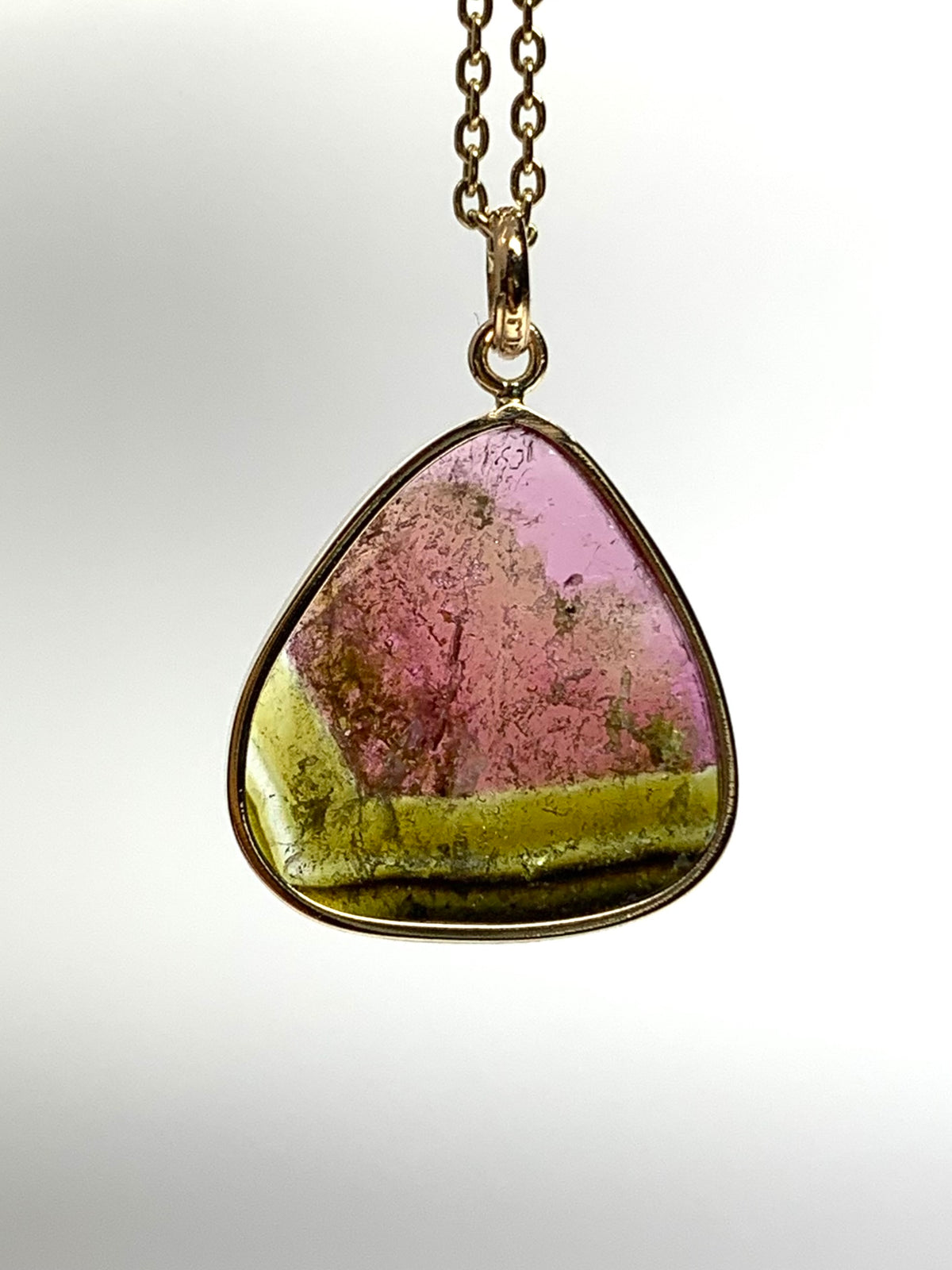 14k Solid Yellow Gold, Natural Pink Green Tourmaline Pendant