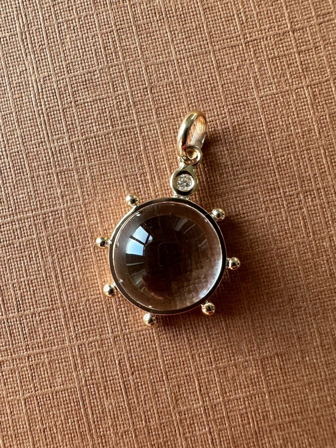14k Solid Yellow Gold, Clear Quartz, Diamond “Sun” Pendant, Mini Size
