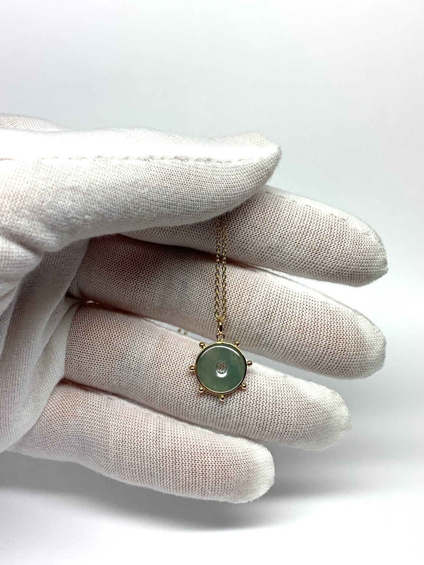 14k Solid Yellow Gold, Natural Green Jade Donut “Sun” Pendant, Mini Size