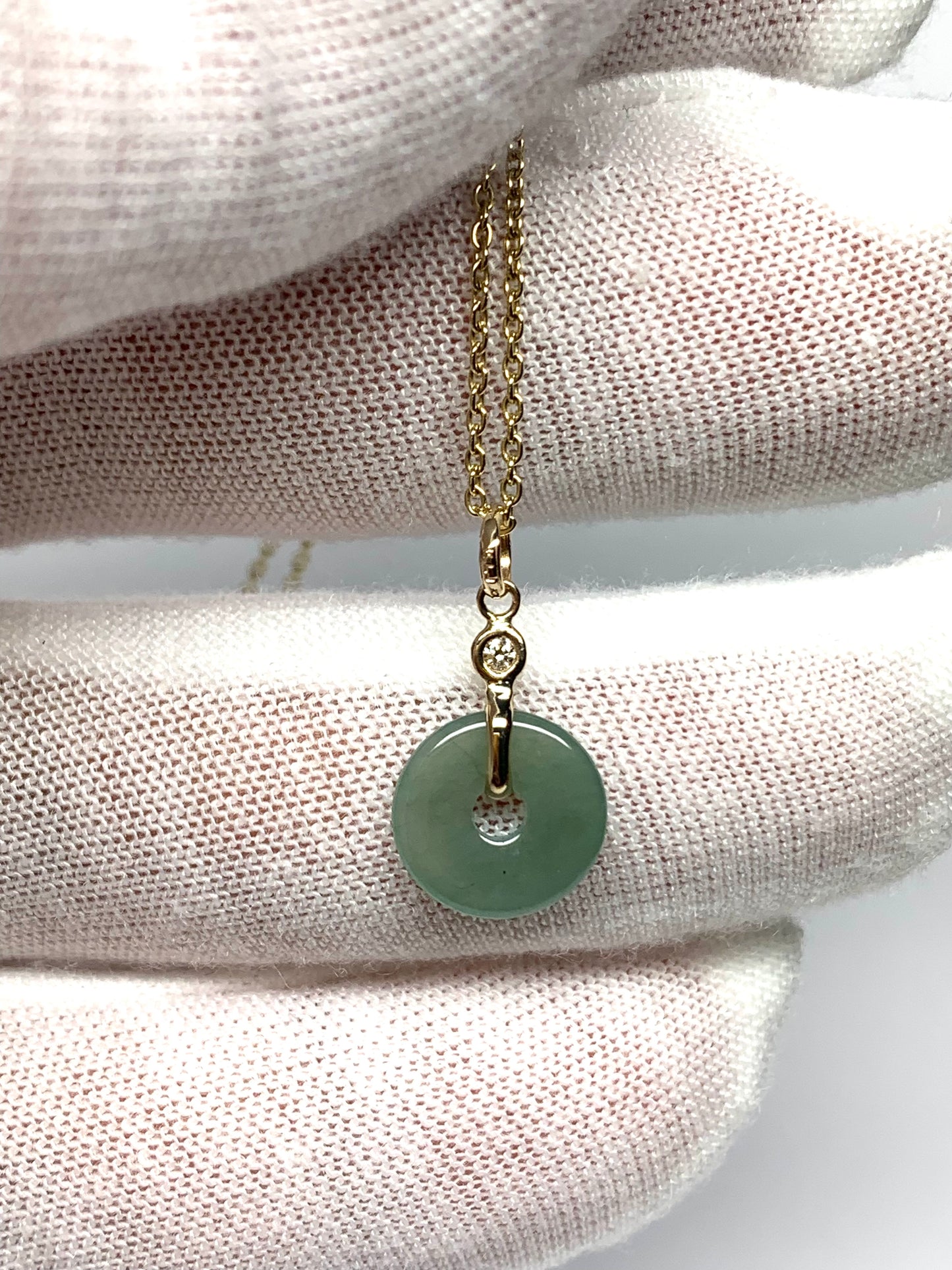 14k Solid Yellow Gold, White Diamond, Pale Green Jade “Donut” Pendant, Tiny Size