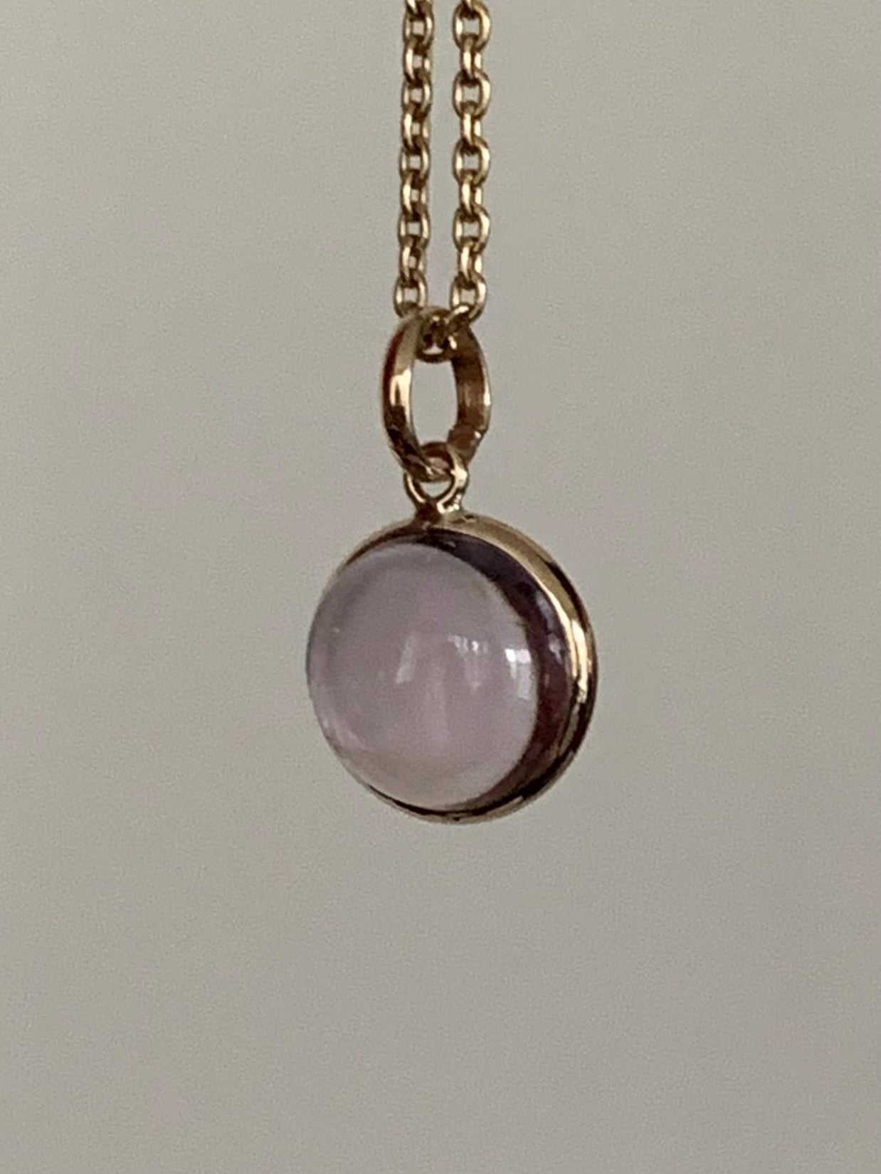 14k Solid Yellow Gold, Pink Amethyst Round Cabochon Mini Pendant