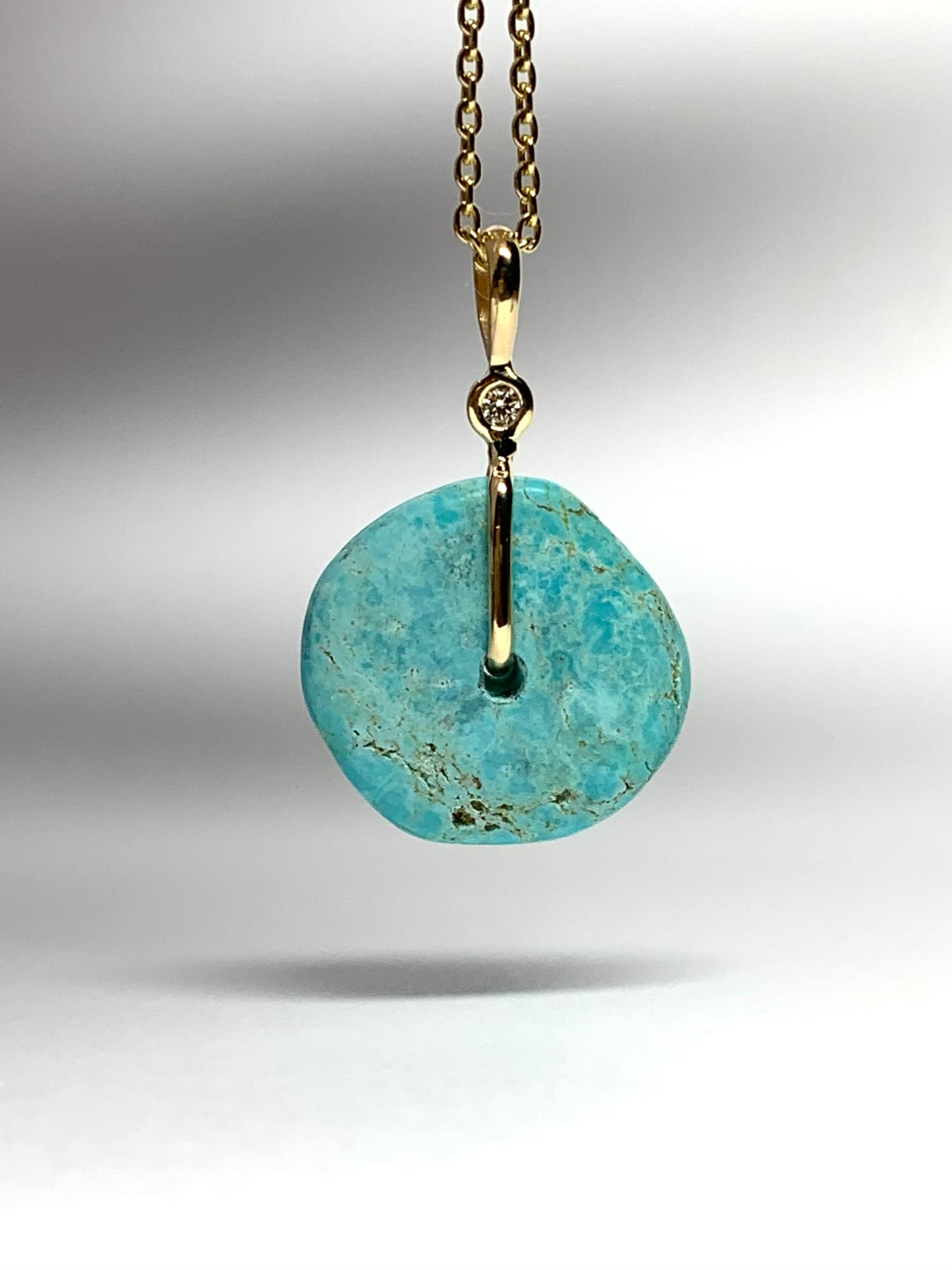 14K Solid Yellow Gold, White Diamond, Blue Turquoise “Donut” Mini Pendant