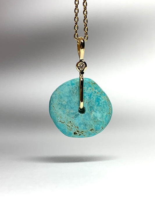 14K Solid Yellow Gold, White Diamond, Blue Turquoise “Donut” Mini Pendant