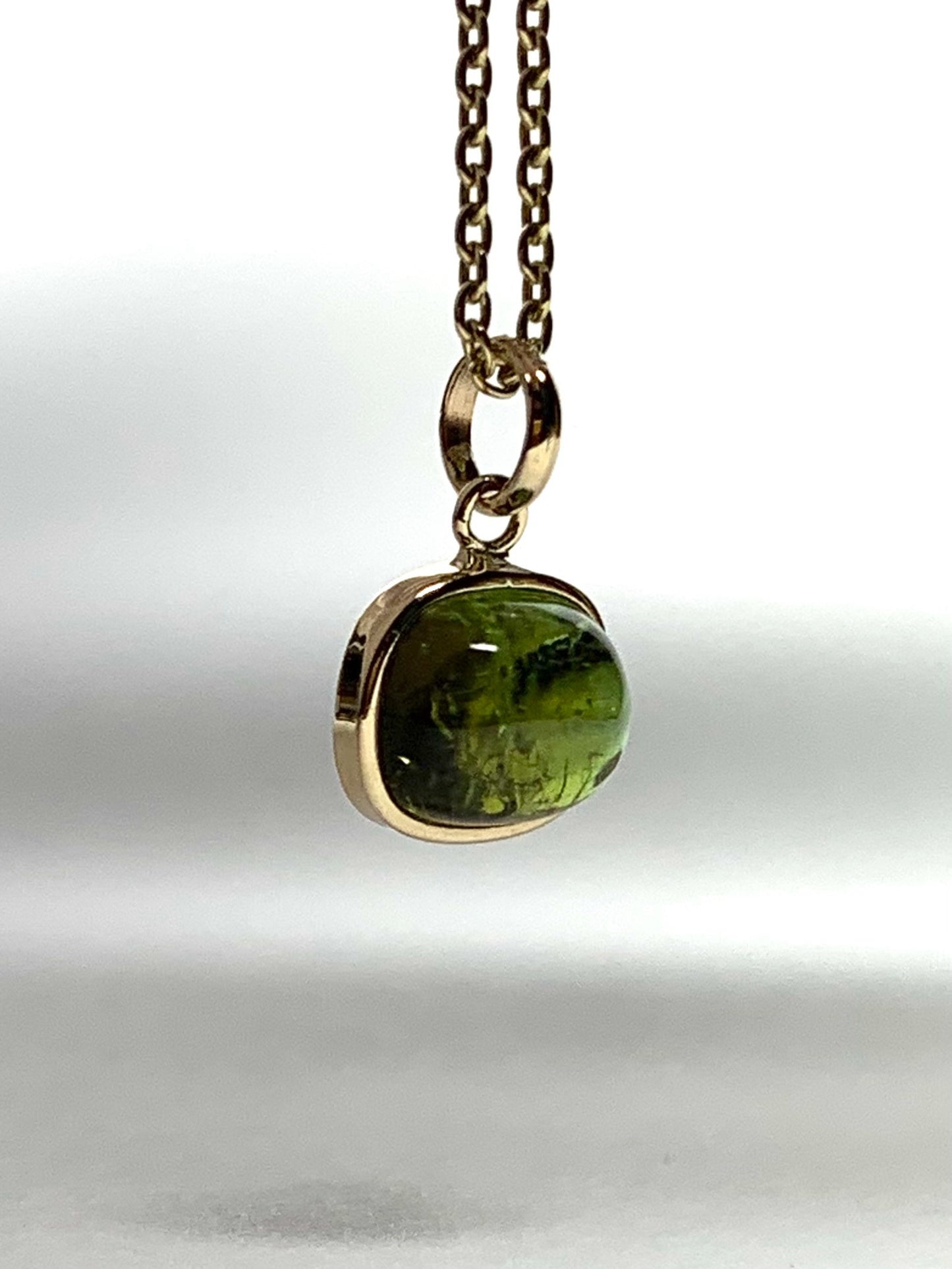 14k Solid Yellow Gold, Natural Green Tourmaline Cabochon Tiny Pendant
