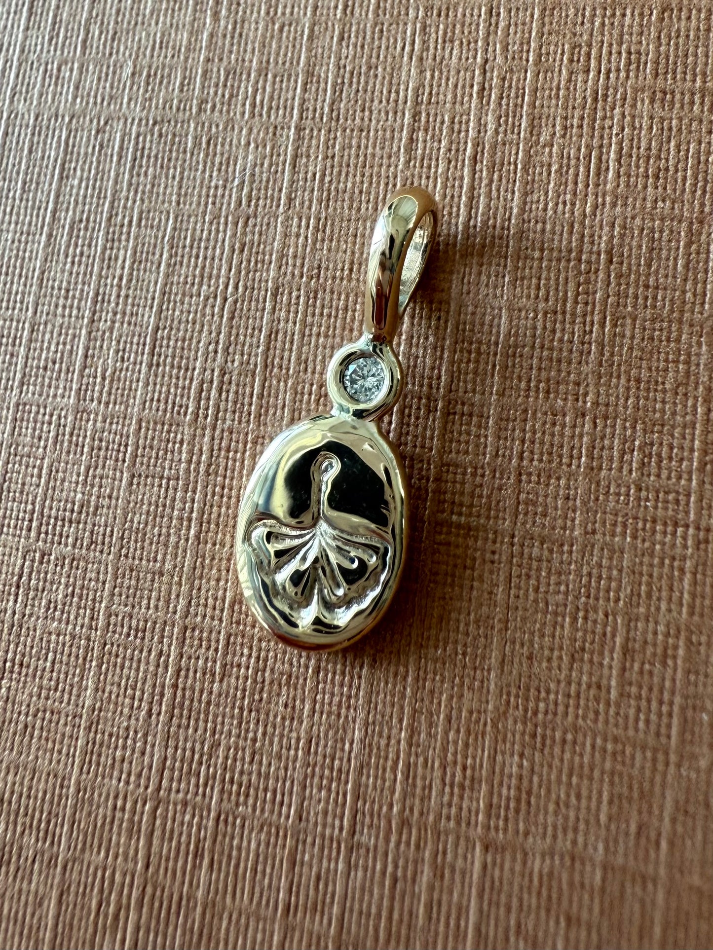 14K Solid Yellow Gold Nugget “Ginkgo” Mini Pendant, White Diamond, Tiny Charm