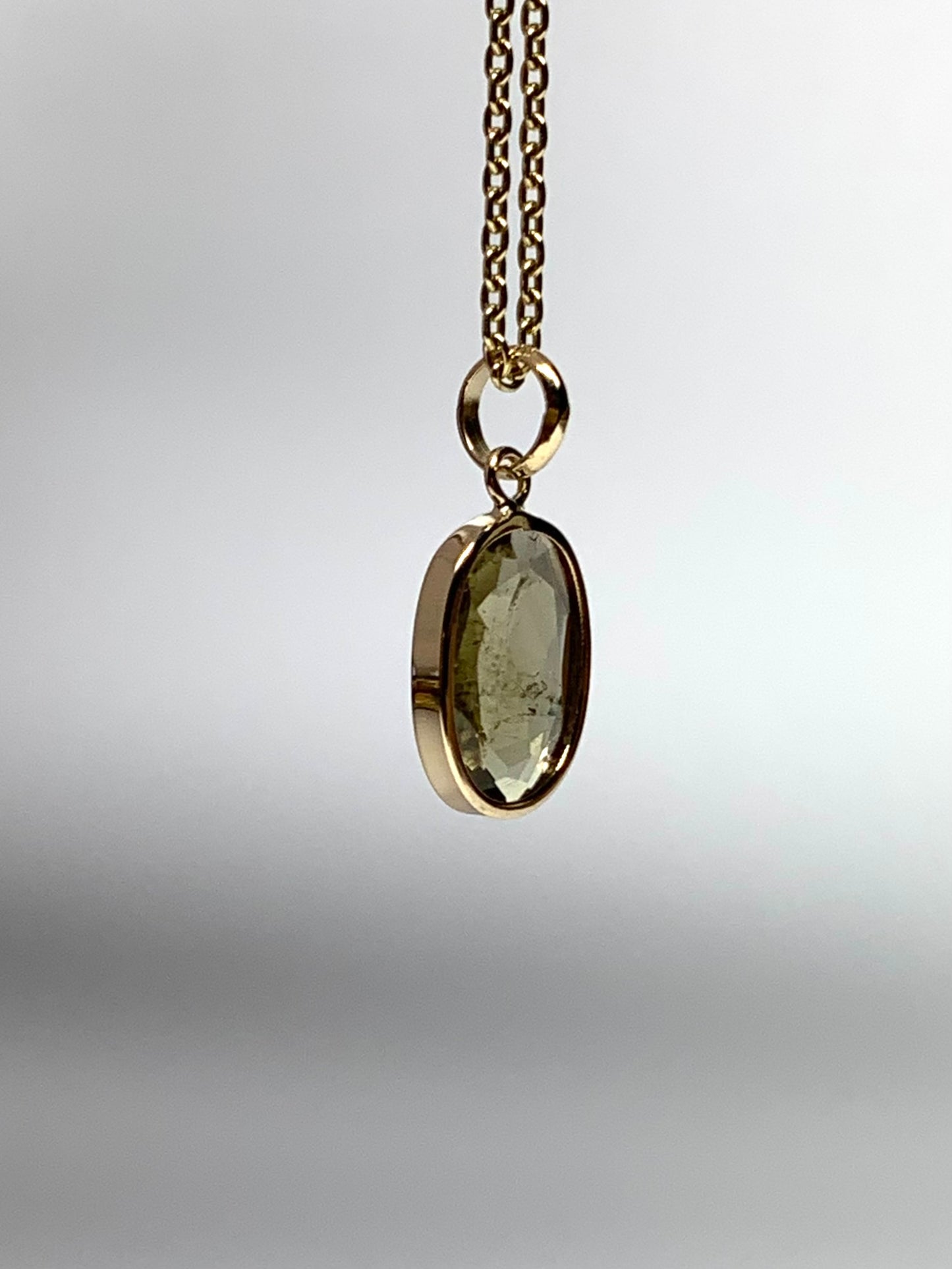 14k Solid Yellow Gold, Natural Light Khaki Green Tourmaline Mini Pendant