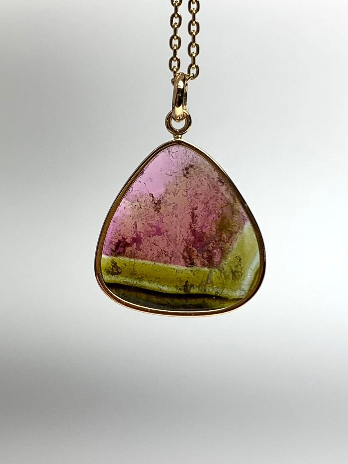 14k Solid Yellow Gold, Natural Pink Green Tourmaline Pendant