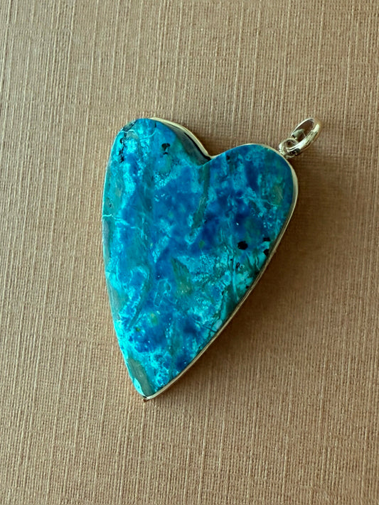 14k Solid Yellow Gold, Blue Chrysocolla “Heart” Pendant