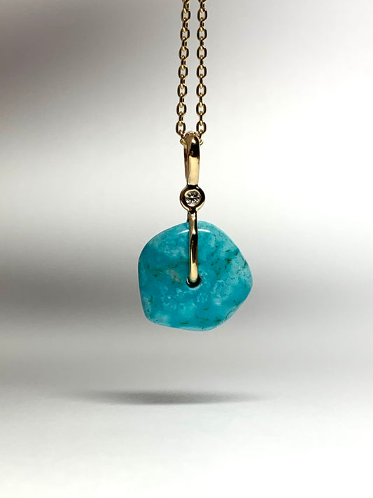 14K Solid Yellow Gold, White Diamond, Blue Turquoise “Donut” Mini Pendant