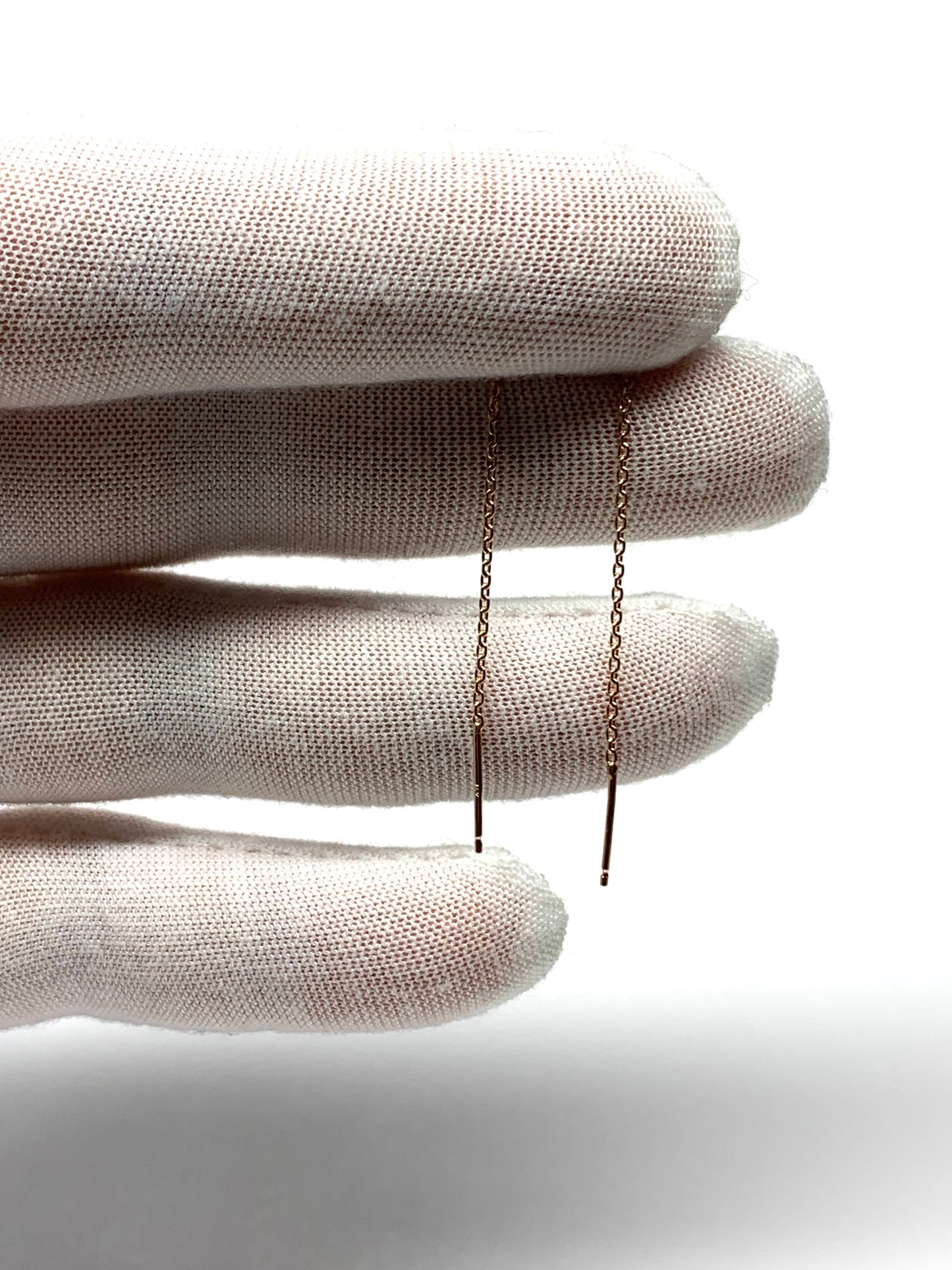 14K Solid Rose Gold, White Diamond Thread Earrings