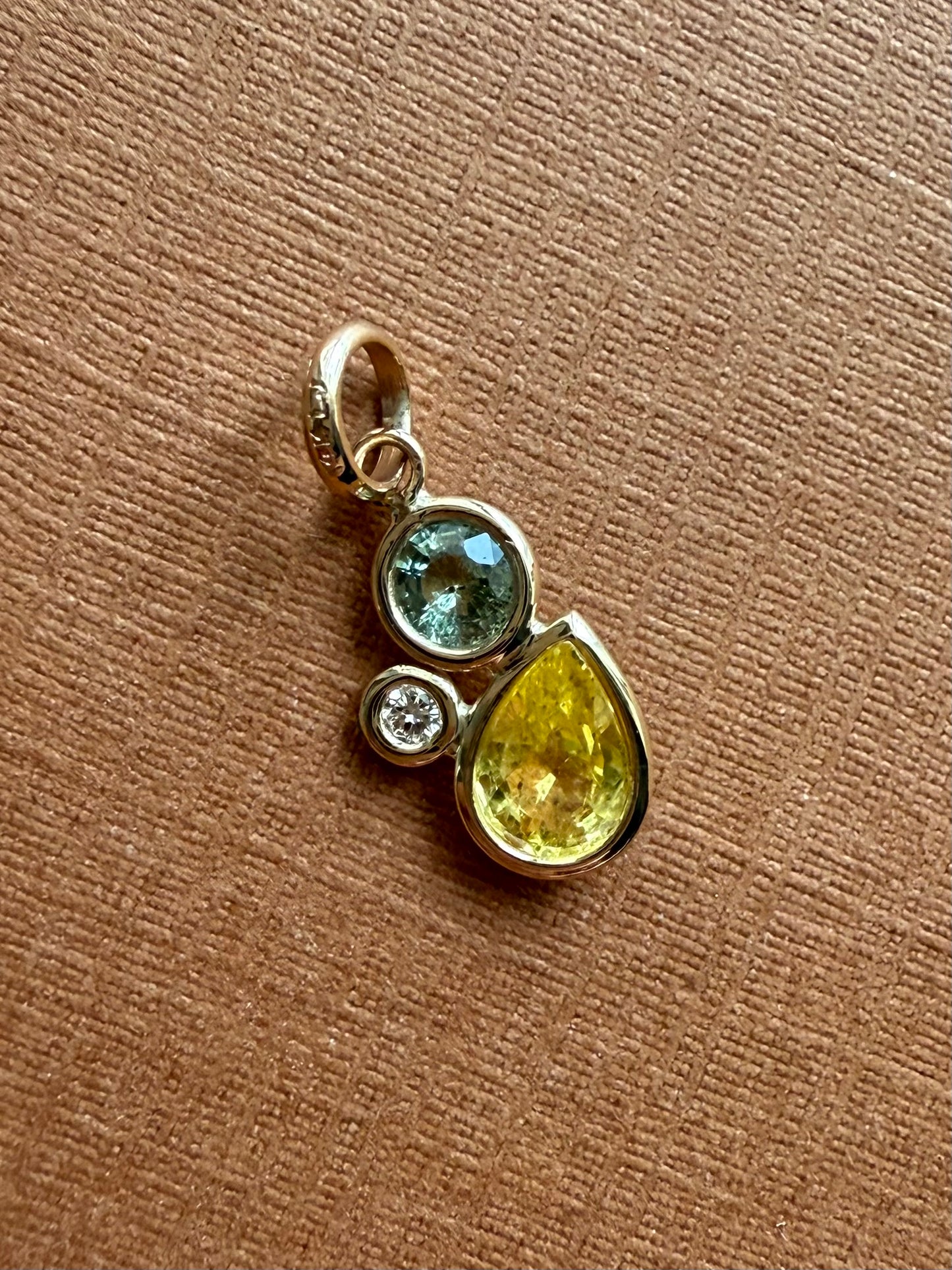 14K Solid Yellow Gold, Diamond, Multi Color Sapphires Cluster Pendant, Tiny Size