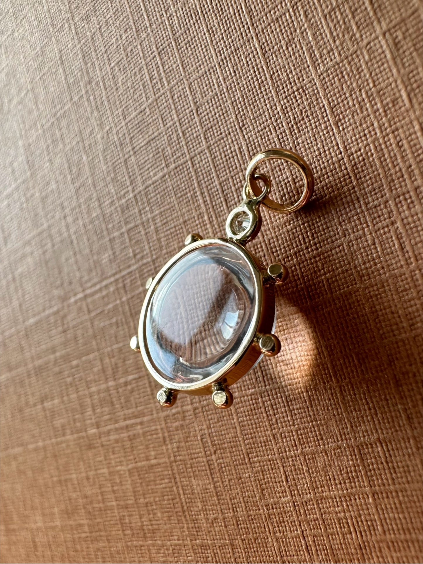 14k Solid Yellow Gold, Clear Quartz, Diamond “Sun” Pendant, Mini Size