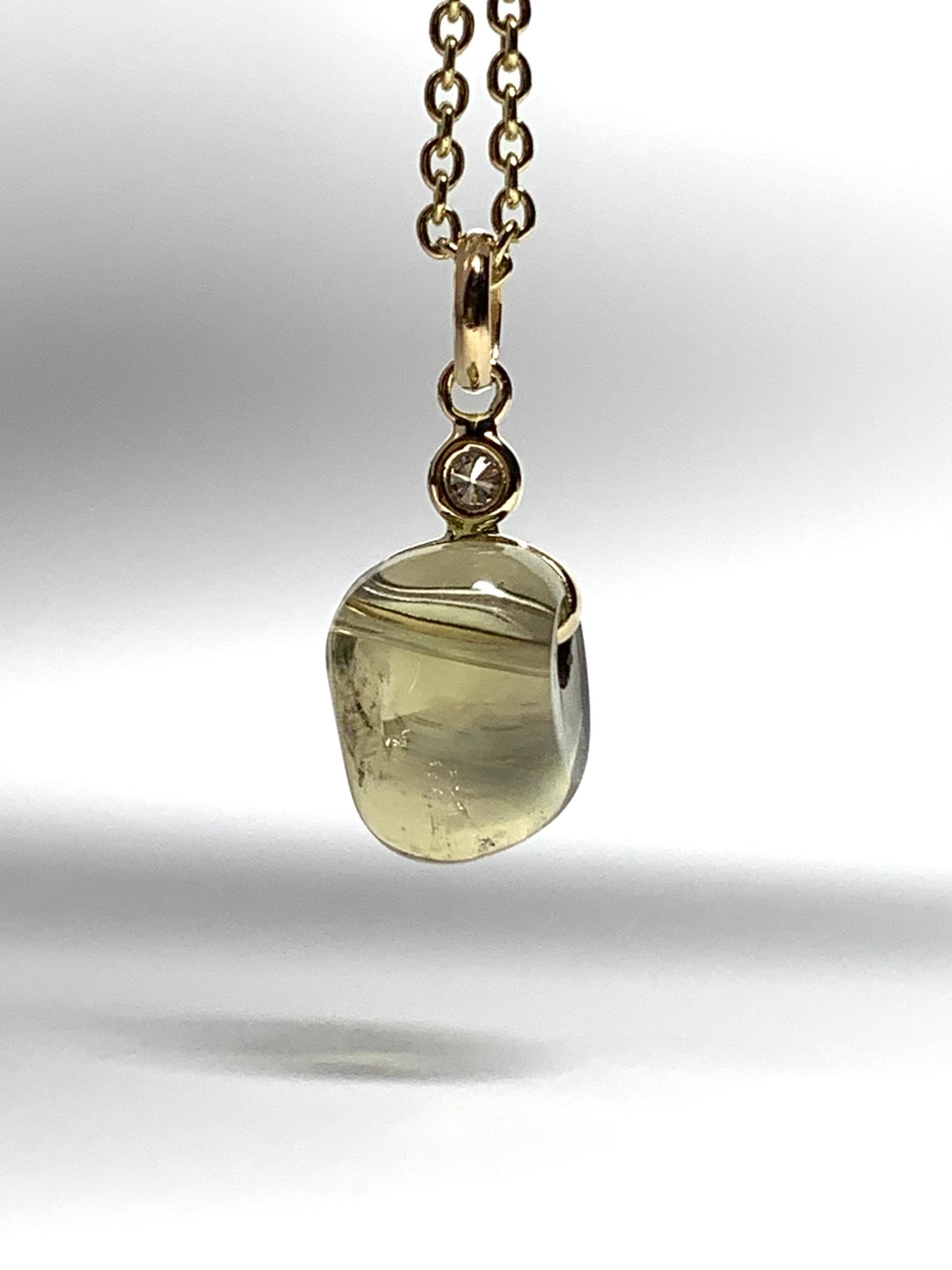 14k Solid Yellow Gold, Diamond, Lemon Quartz Tumbled Nugget Bead Pendant, Mini Size