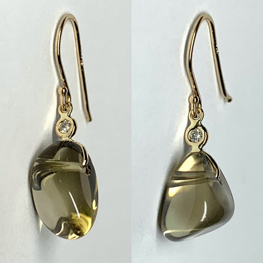 14k Solid Yellow Gold, Diamonds, Lemon Quartz Tumbled Nugget Beads Earrings, Mini Size