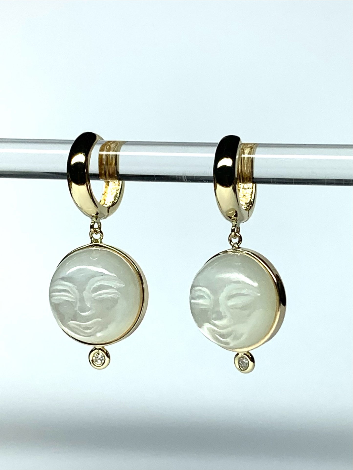 14k Solid Yellow Gold, Diamonds, White Moonstone “Moon and Star” Mini Earrings