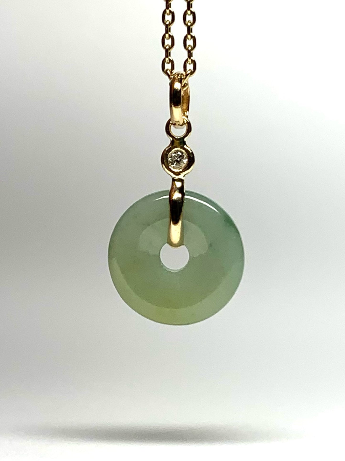 14k Solid Yellow Gold, White Diamond, Pale Green Jade “Donut” Pendant, Tiny Size