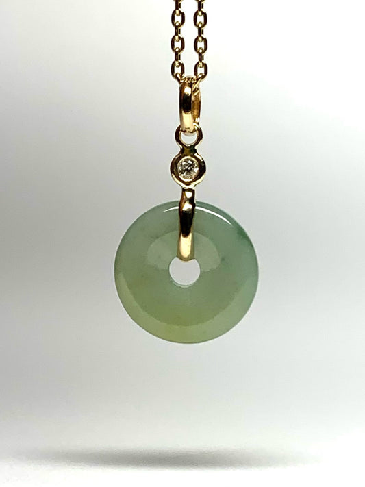 14k Solid Yellow Gold, White Diamond, Pale Green Jade “Donut” Pendant, Tiny Size