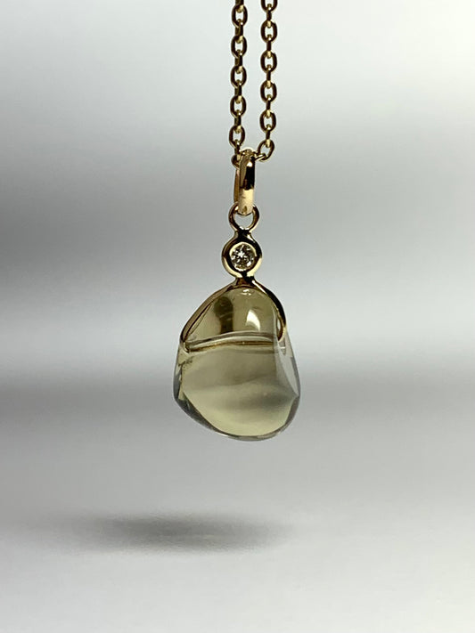 14k Solid Yellow Gold, Diamond, Dark Lemon Quartz Tumbled Nugget Bead Pendant, Mini Size
