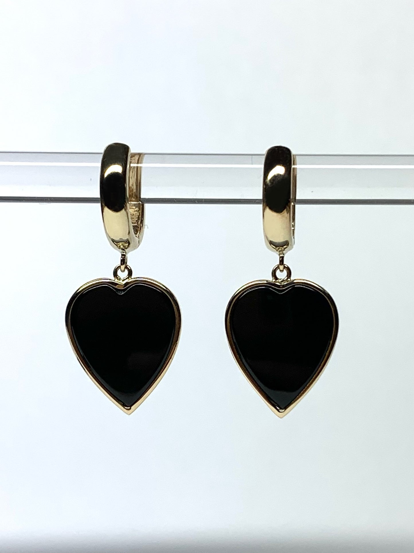 14k Solid Yellow Gold, Black Onyx Heart Earrings