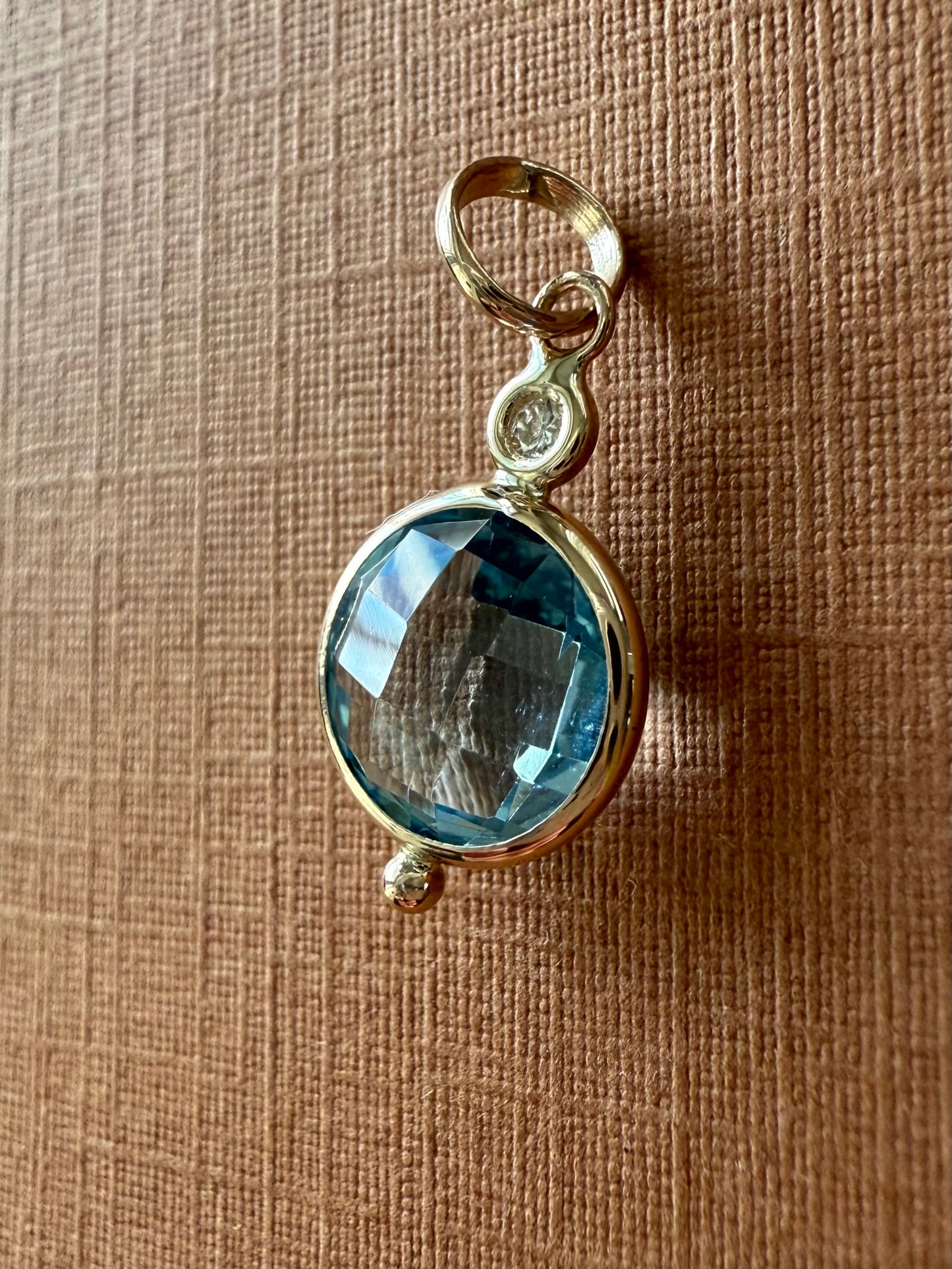 14K Solid Yellow Gold, Diamond, Blue Topaz Mini Pendant