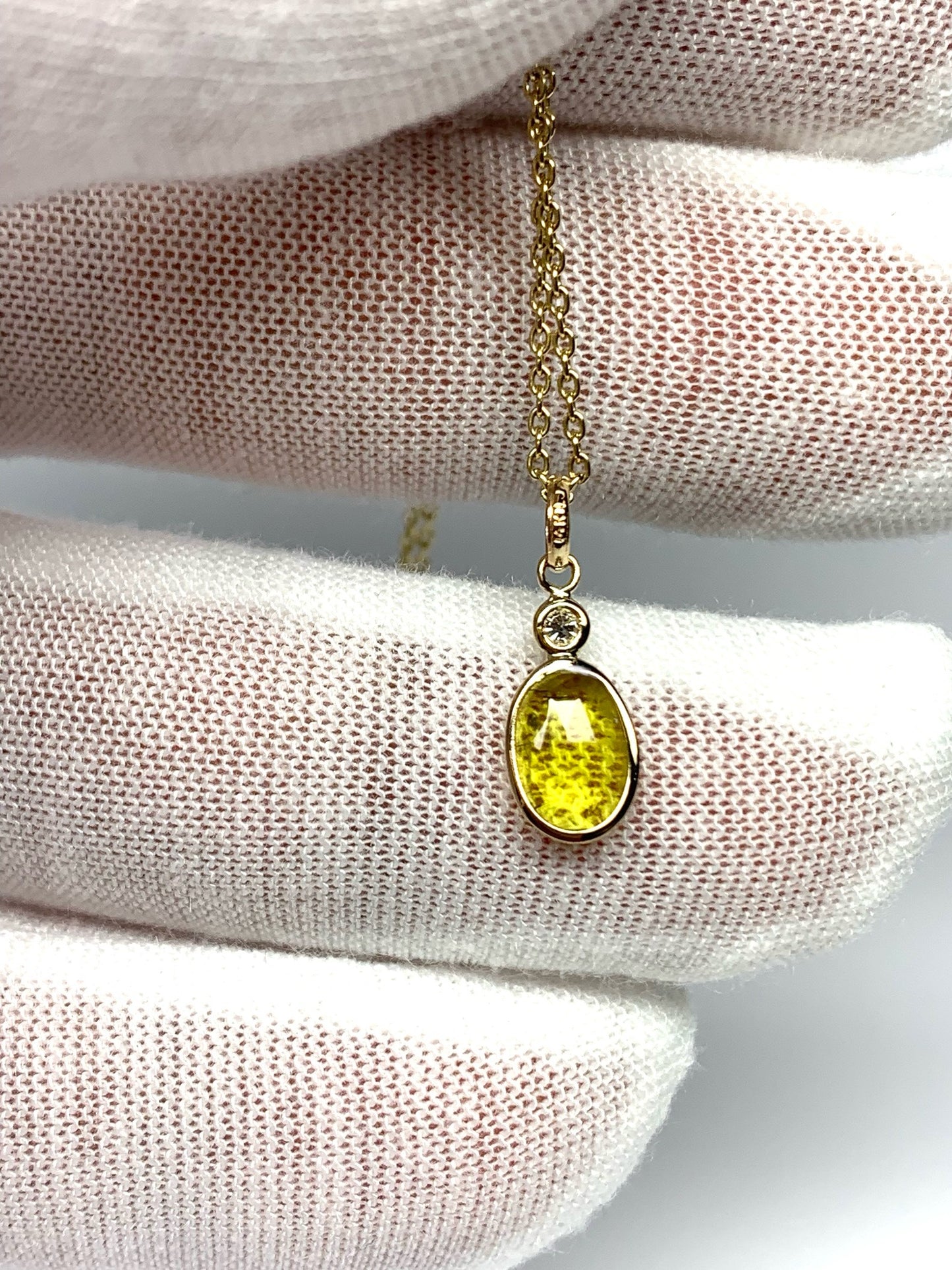 14k Solid Yellow Gold, Natural White Diamond, Natural Olive Green Tourmaline Tiny Pendant