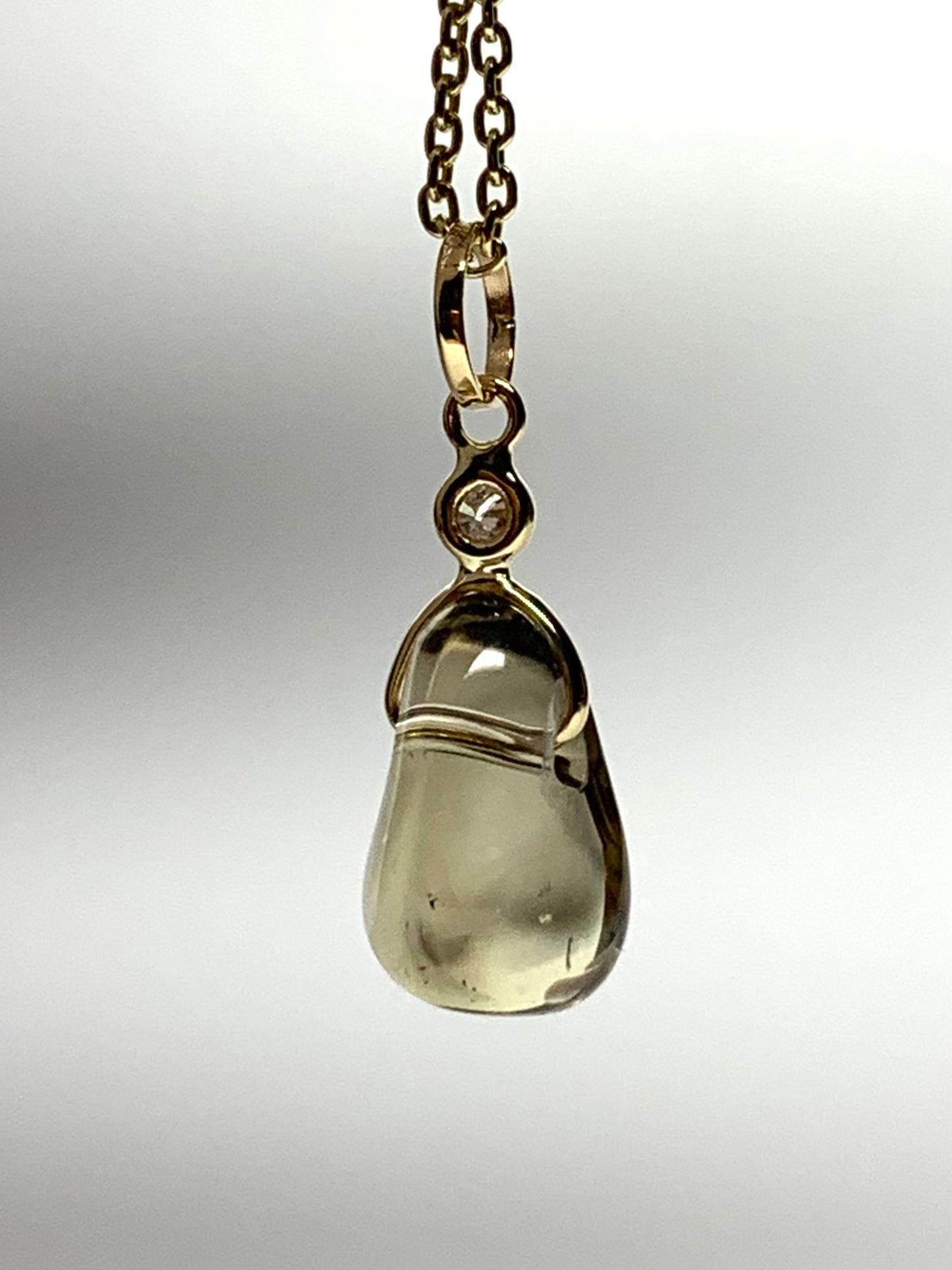 14k Solid Yellow Gold, Diamond, Lemon Quartz Tumbled Nugget Bead Pendant, Mini Size