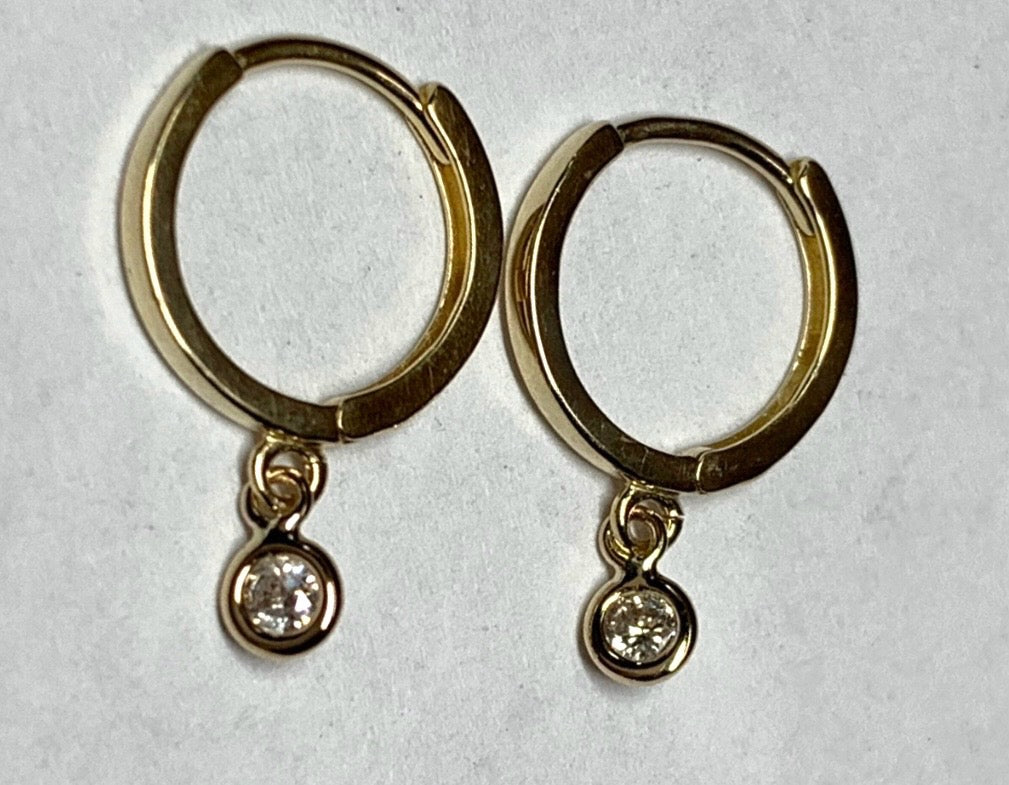 14k Solid Yellow Gold Natural White Diamonds Hoop Earrings, Mini Size