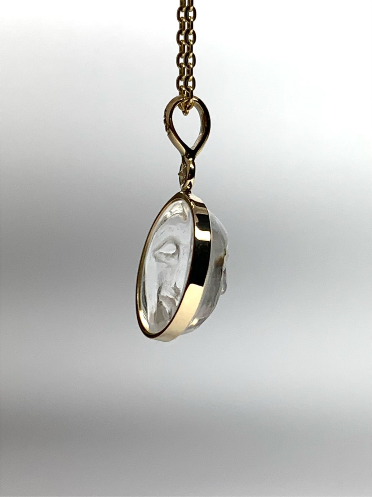 14k Solid Yellow Gold, Clear Quartz, White Diamond “Moon and Star” Pendant, Carved Face, Small Size