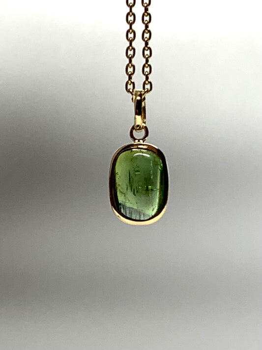 14k Solid Yellow Gold, Natural Green Tourmaline Cabochon Tiny Pendant