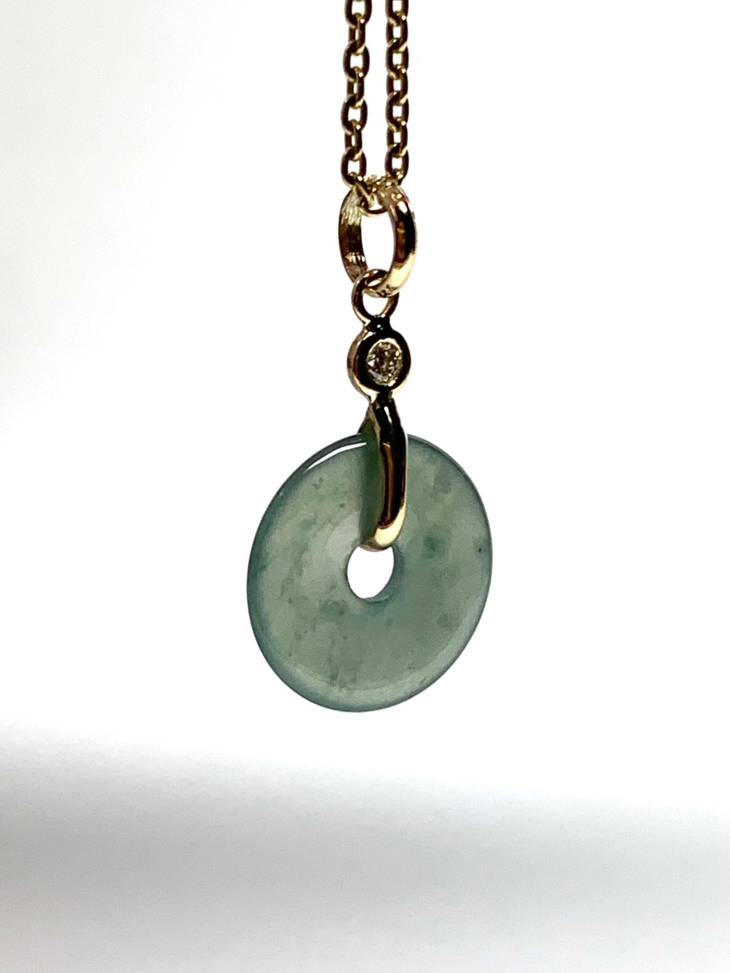 14k Solid Yellow Gold, White Diamond, Pale Green Jade “Donut” Pendant, Tiny Size