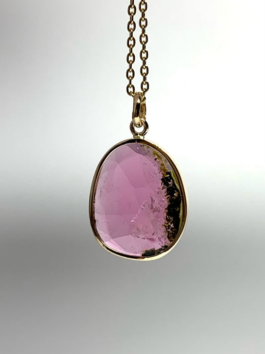 14k Solid Yellow Gold, Natural Pink Green Tourmaline Pendant
