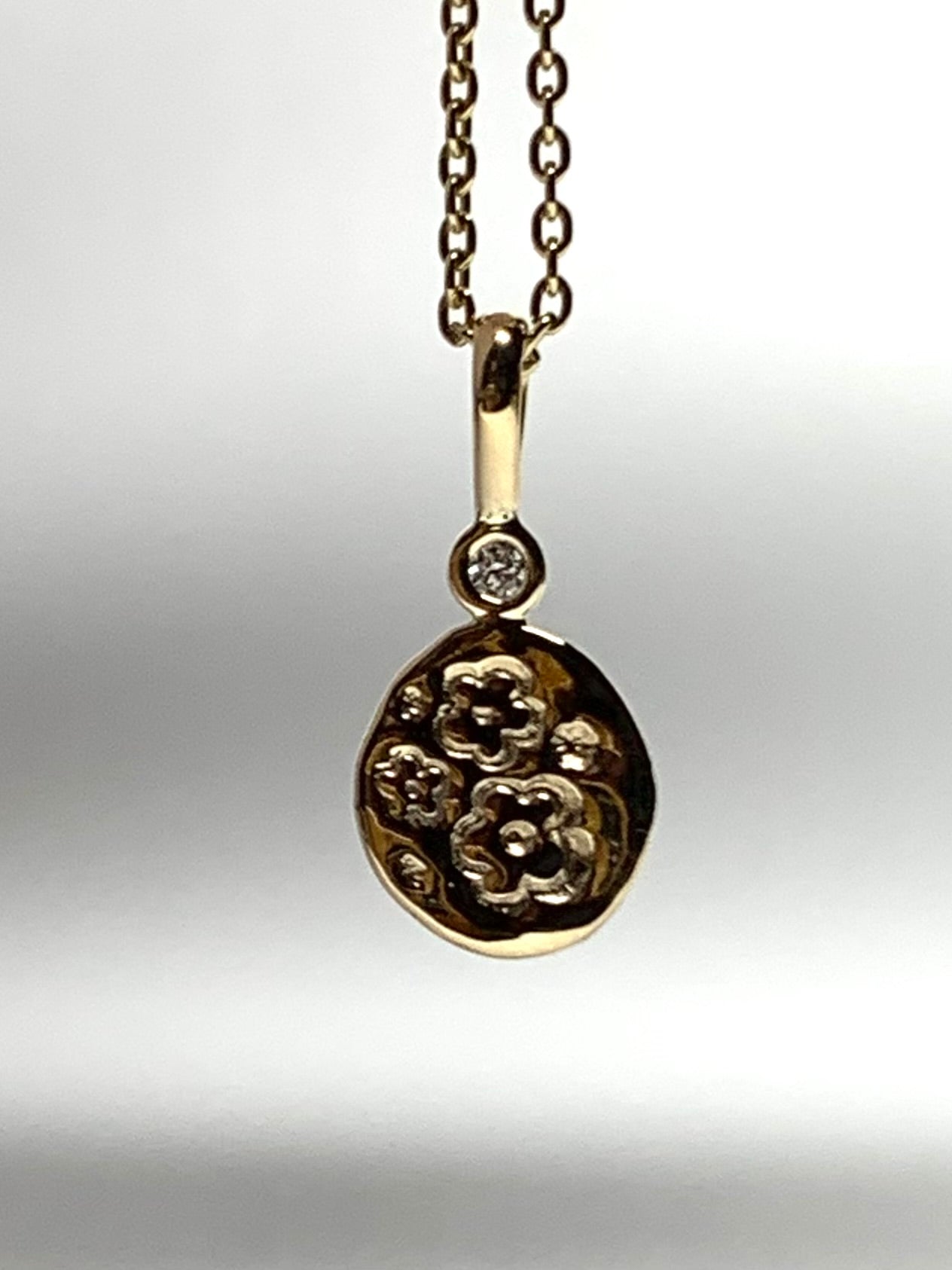 14K Solid Yellow Gold Nugget “Flowers” Mini Pendant, White Diamond, Tiny Charm
