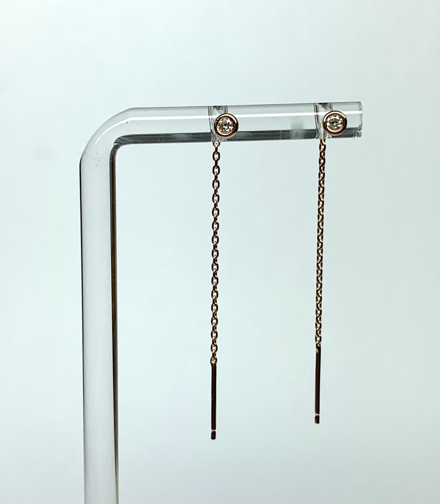 14K Solid Rose Gold, White Diamond Thread Earrings